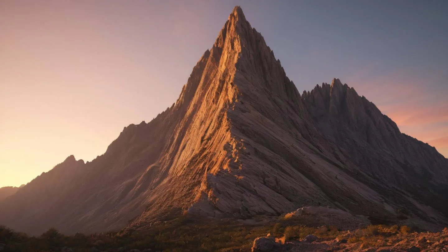 A dramatic rocky mountain peak with warm mahogany and cream colored striations catching golden sunset light photographed from a ground-level perspective looking up at the majestic formation high-quality ultra-realistic cinematic 8K UHD high resolution sharp and detail