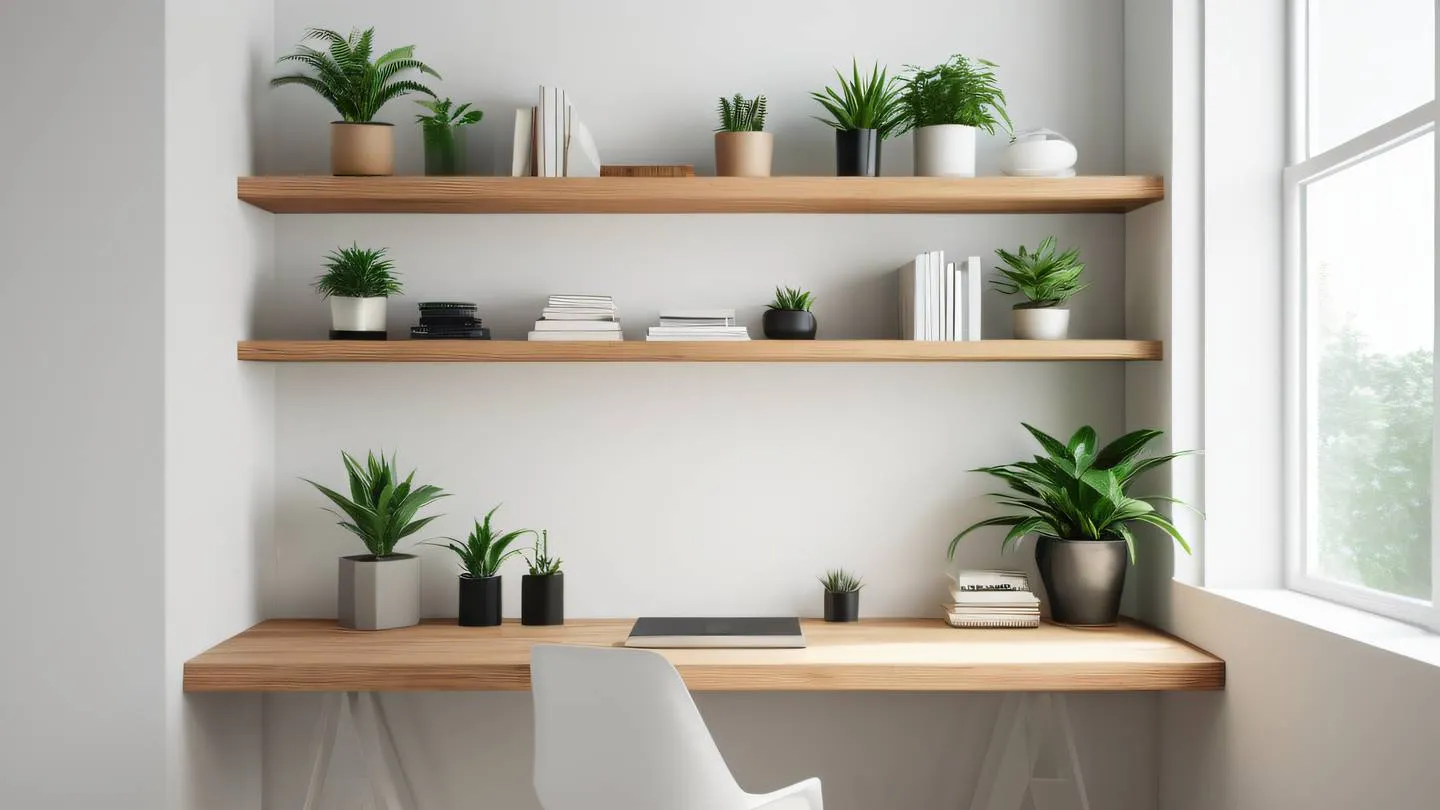 A modern minimalist workspace corner with floating wooden shelves against a white wall bathed in natural sunlight coming from large windows organized with simple geometric shapes and clean lines. Emerald green indoor plants add life to the scene color palette: crisp white natural wood tones and emerald green accents shot from a 45-degree angle high-quality ultra-realistic cinematic 8K UHD high resolution sharp and detail