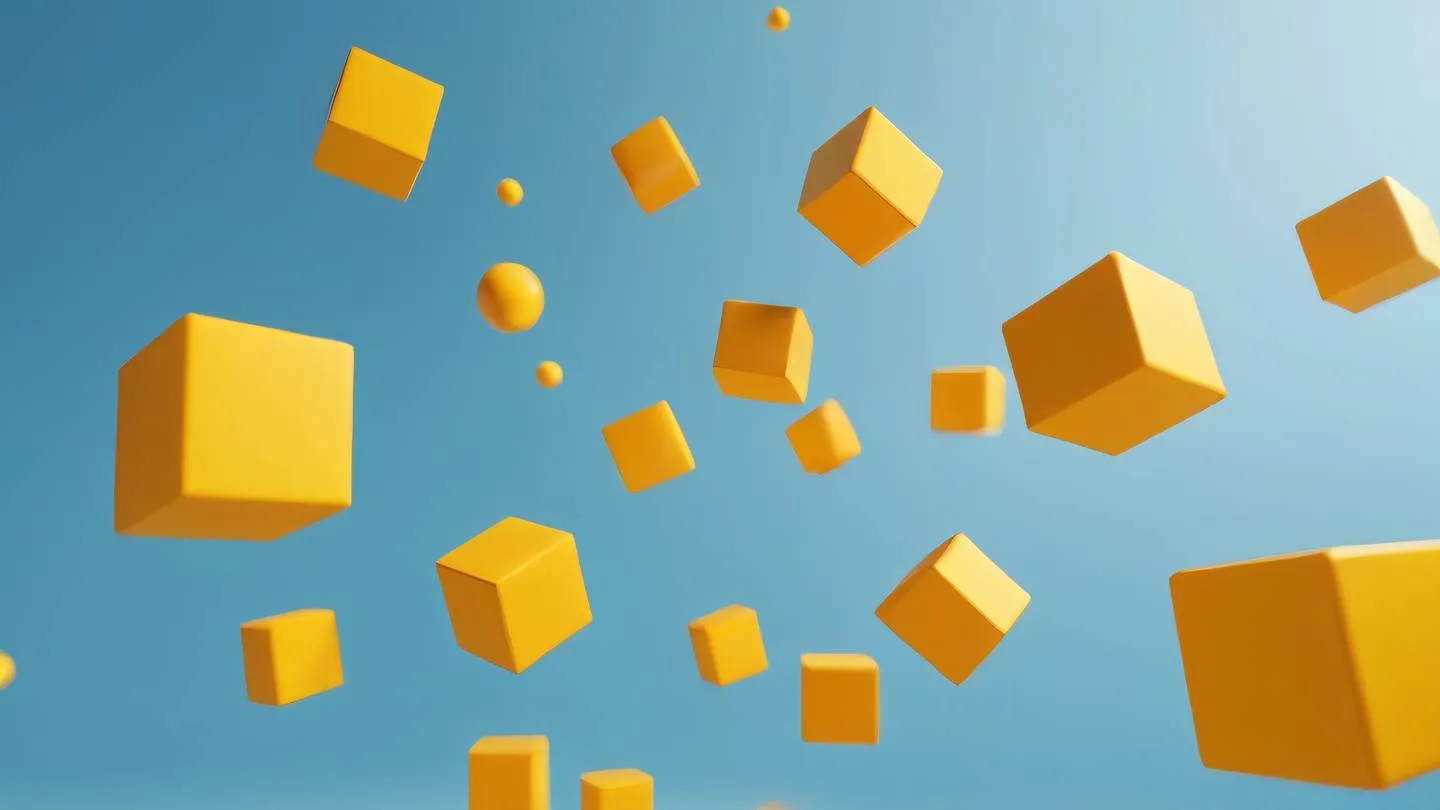 A geometric abstract composition featuring interconnected cubes and spheres floating in space representing structure and organization. Colors: warm yellow primary elements with subtle orange highlights against a soft blue background photographed straight on with subtle perspective high-quality ultra-realistic cinematic 8K UHD high resolution sharp and detail