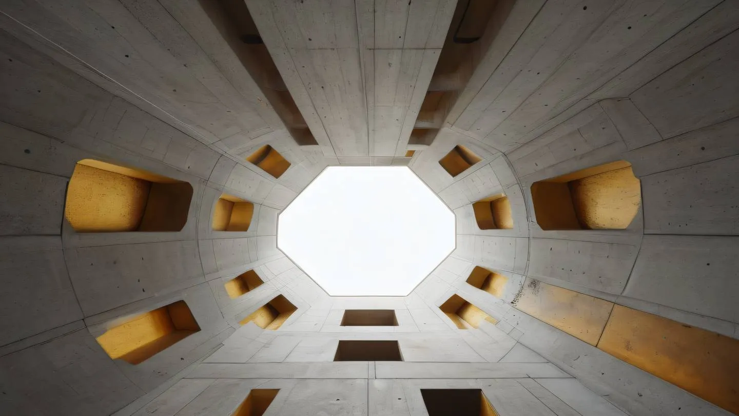 An abstract architectural space with clean lines and natural light streaming through geometric openings. Color scheme: natural warm tones with touches of yellow ochre modern concrete textures captured from a low angle perspective looking up high-quality ultra-realistic cinematic 8K UHD high resolution sharp and detail