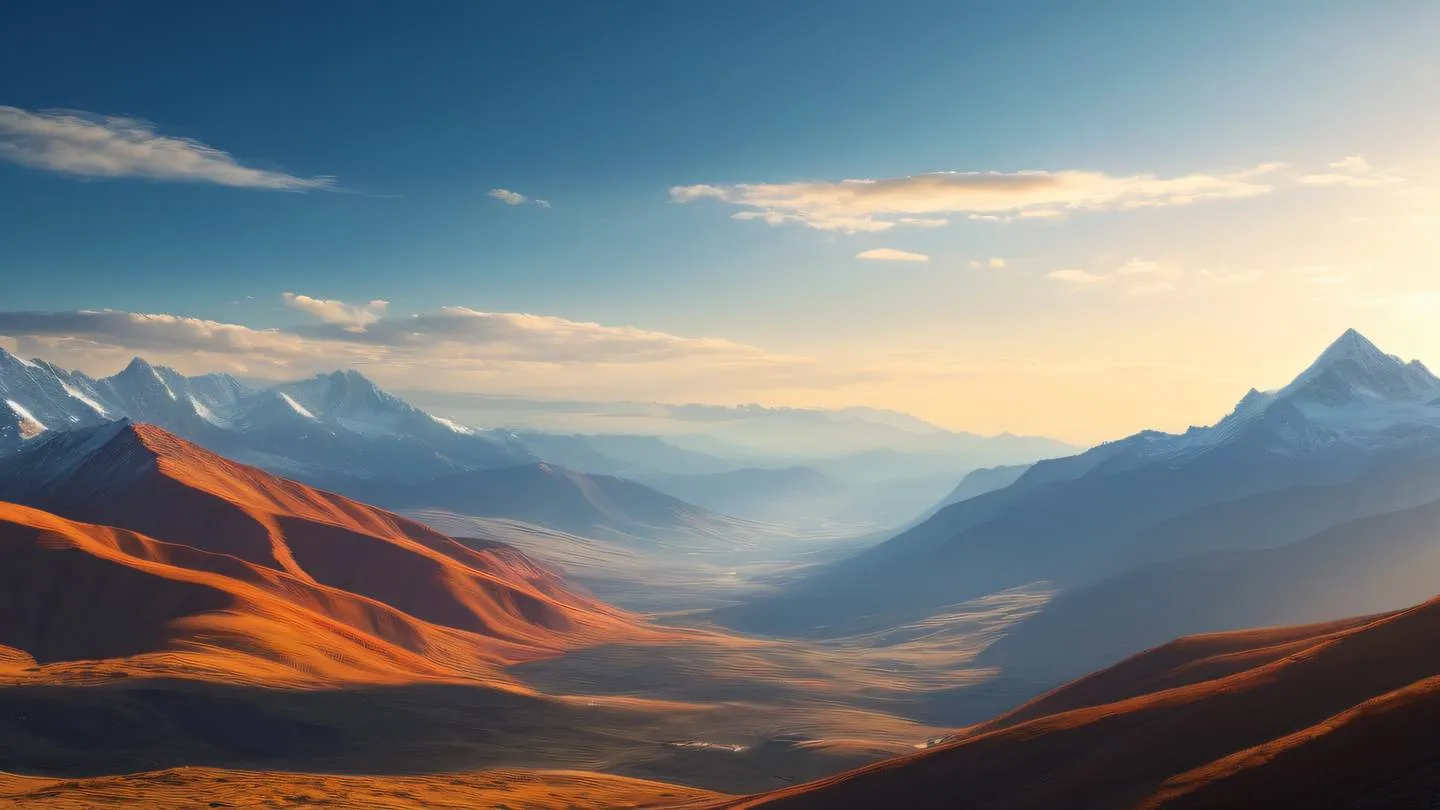 A serene landscape composition with layered geometric mountains silhouettes against a bright sky with streaming light rays through clouds. Color palette: vibrant orange mountains transitioning to natural sky blues photographed from a wide landscape perspective high-quality ultra-realistic cinematic 8K UHD high resolution sharp and detail