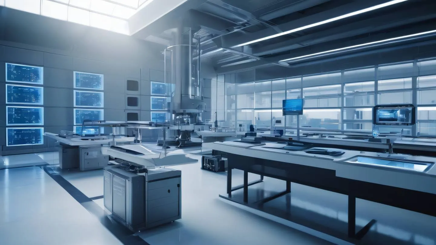 A futuristic testing laboratory with floating holographic screens showing test results featuring clean minimalist architecture with bright natural sunlight streaming through massive windows. Colors: Bright navy blue and white steel structures. Camera angle: Wide angle perspective shot from ground level looking up at 30 degrees high-quality ultra-realistic cinematic 8K UHD high resolution sharp and detail