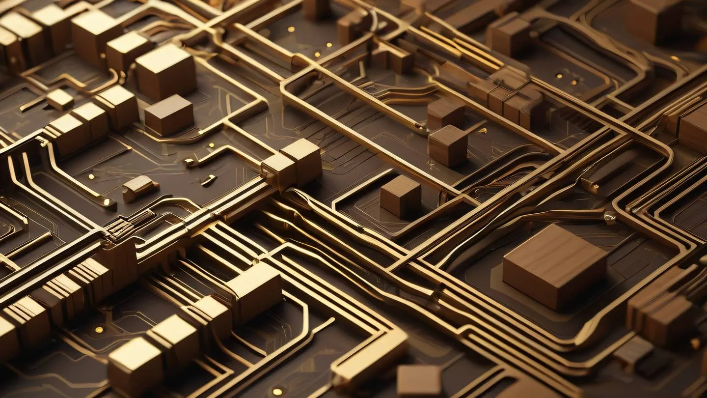 Abstract geometric shapes representing software architecture with interconnected nodes and flowing data streams. Colors: Warm walnut brown and soft golden accents. Camera angle: Top-down isometric view high-quality ultra-realistic cinematic 8K UHD high resolution sharp and detail