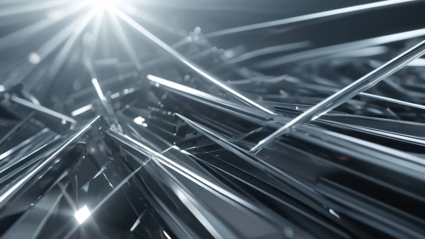 Minimalist composition of intersecting light rays passing through crystalline structures creating patterns of refraction. Colors: Bright iron grey and silver metallic tones. Camera angle: Macro close-up shot with shallow depth of field high-quality ultra-realistic cinematic 8K UHD high resolution sharp and detail