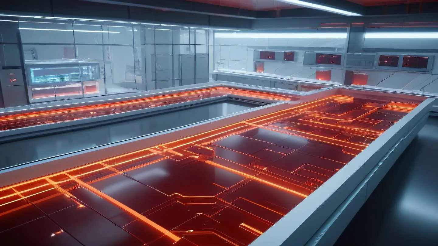 A futuristic minimalist laboratory environment with floating geometric shapes and data streams featuring bold orange and blood red gradient patterns dynamic lighting effects dramatic overhead angle shot high-quality ultra-realistic cinematic 8K UHD high resolution sharp and detail