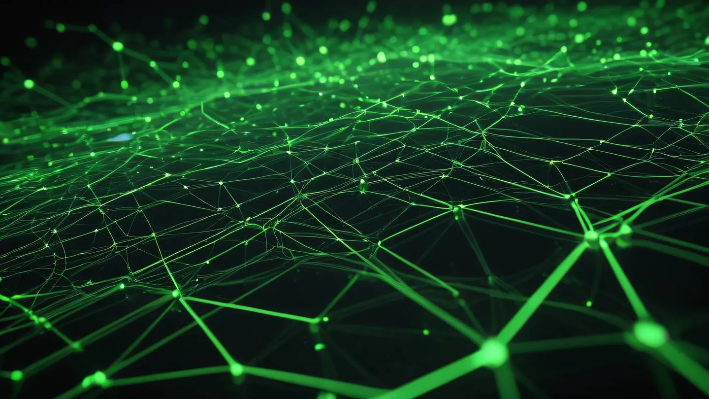 Abstract visualization of interconnected nodes and pathways in a bright green and black color scheme with geometric patterns suggesting data flow and connectivity shot from a side perspective with depth high-quality ultra-realistic cinematic 8K UHD high resolution sharp and detail