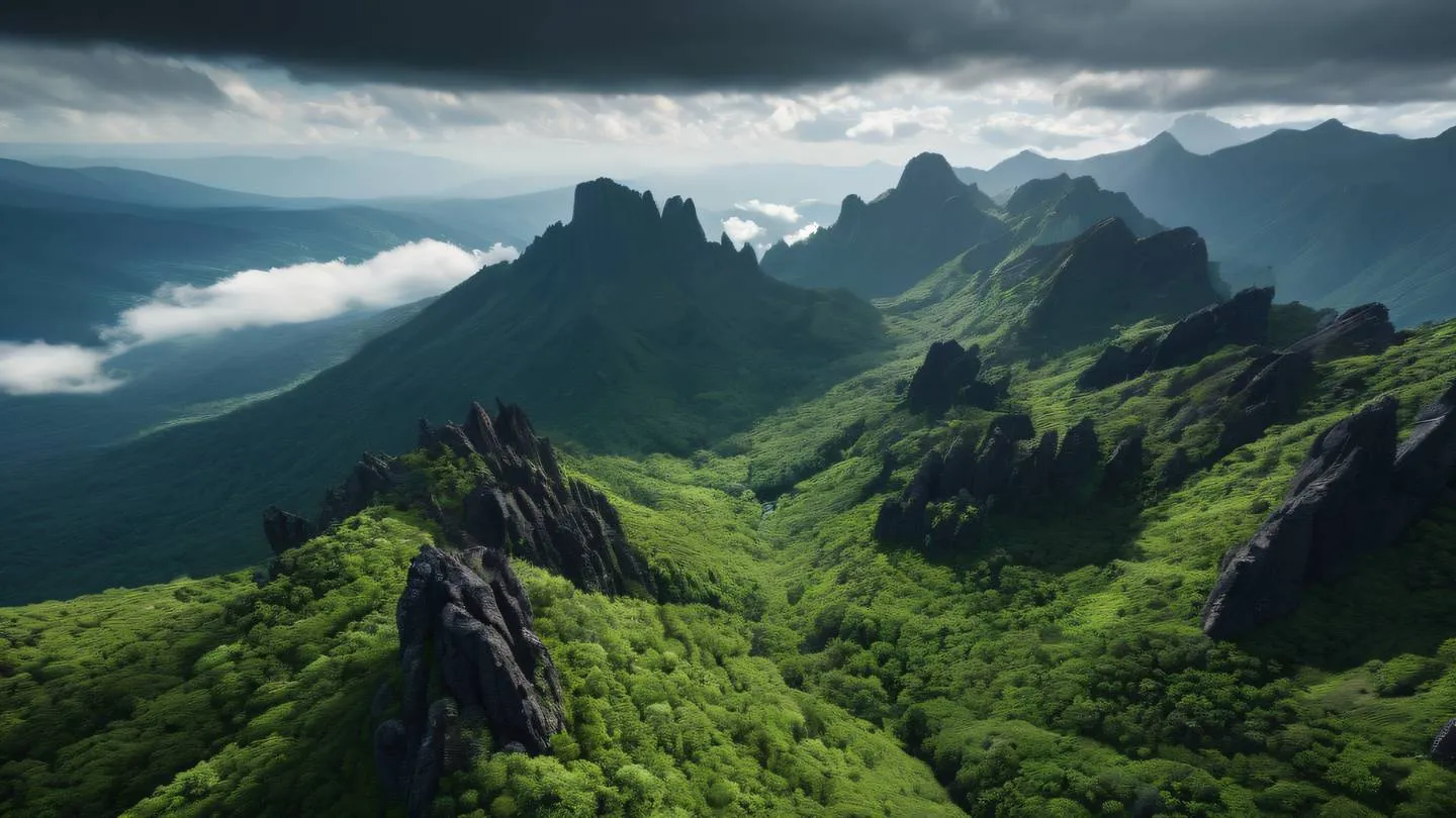 Mountain landscape with vibrant ecosystem featuring lush vegetation and dramatic cloud formations dominated by bright green tones against black rocky formations captured from a drone perspective high-quality ultra-realistic cinematic 8K UHD high resolution sharp and detail