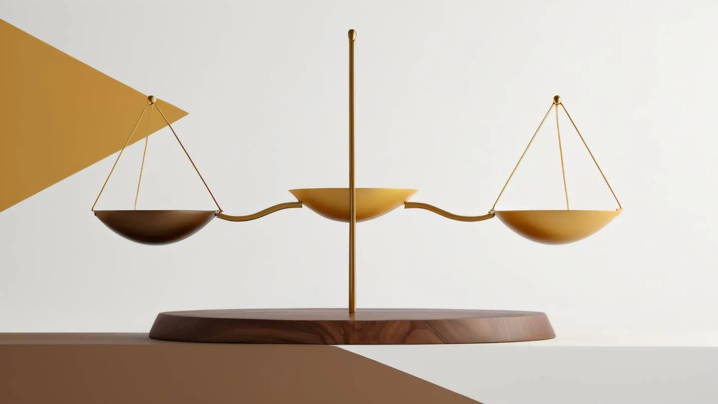 An abstract representation of a balanced scale made of geometric shapes and flowing lines showing harmony between two sides shot from slightly above angle. Colors: warm golden yellows and rich earth tones of umber and walnut against a clean white background high-quality ultra-realistic cinematic 8K UHD high resolution sharp and detail