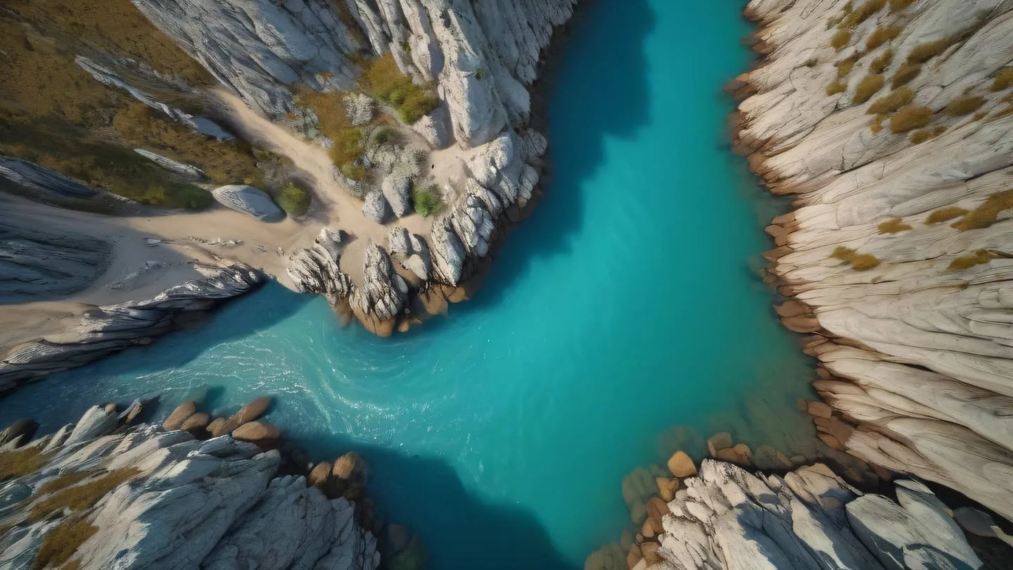 A flowing river splitting into multiple streams through a rocky landscape viewed from above depicting the concept of flow and division. Colors: bright turquoise water contrasting with sandy beige rocks and deep umber stones high-quality ultra-realistic cinematic 8K UHD high resolution sharp and detail