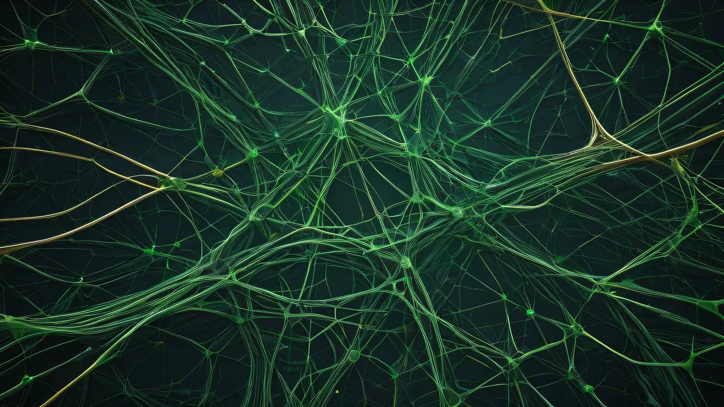 Abstract patterns of interconnected nodes and pathways photographed from a bird's eye view. Colors: bright emerald green connections on a deep iron grey background with golden highlights high-quality ultra-realistic cinematic 8K UHD high resolution sharp and detail