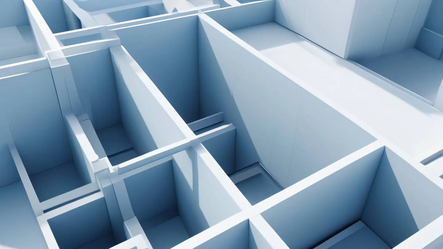 A minimalist abstract representation of layered architecture using geometric shapes rendered in cool blue and white tones sharp angles and clean lines captured from a top-down perspective high-quality ultra-realistic cinematic 8K UHD high resolution sharp and detail