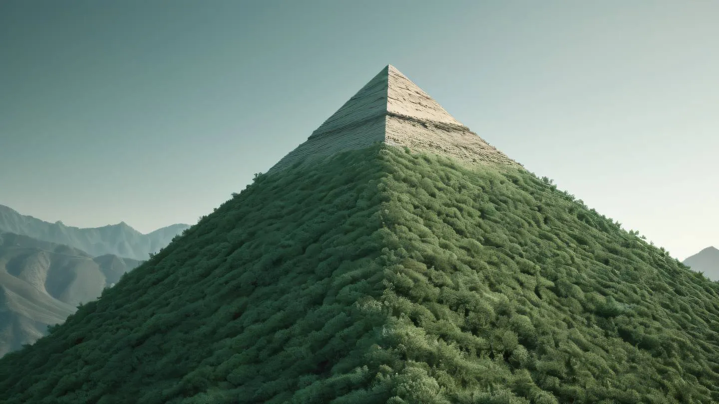 Abstract flowing layers resembling a mountain or pyramid shape rendered in sage and pine green colors with organic textures photographed from a diagonal angle high-quality ultra-realistic cinematic 8K UHD high resolution sharp and detail