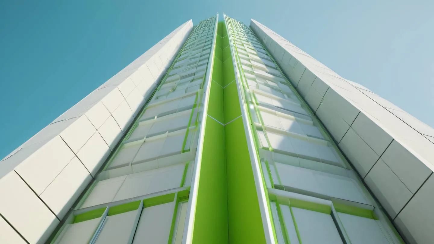 Abstract architectural structure with clean lines and geometric patterns in neon green and off-white viewed from a low angle perspective representing building blocks and structure high-quality ultra-realistic cinematic 8K UHD high resolution sharp and detail