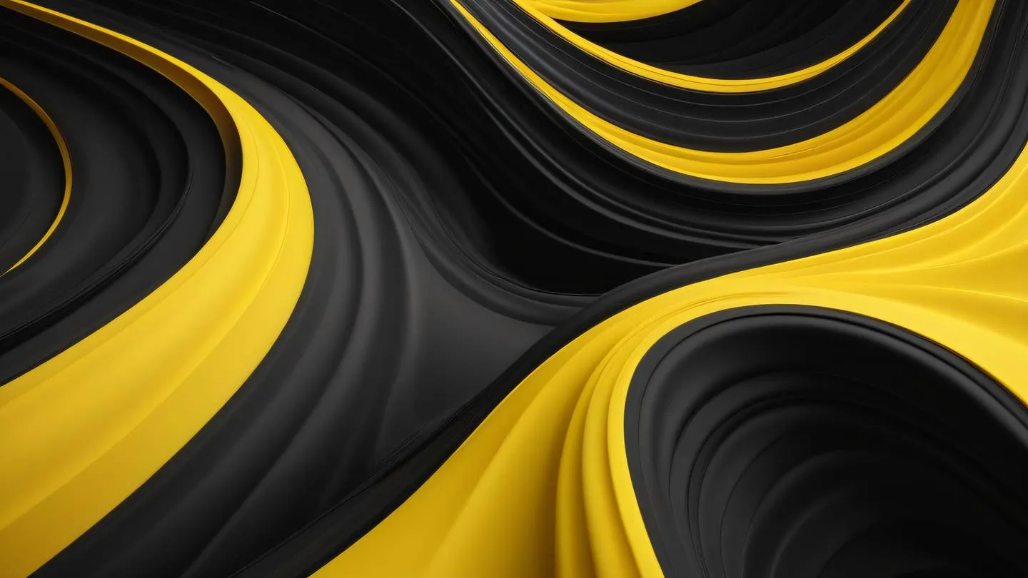 Flowing abstract waves and curves in canary yellow and black colors creating a dynamic composition shot from a diagonal perspective representing continuous flow and integration high-quality ultra-realistic cinematic 8K UHD high resolution sharp and detail