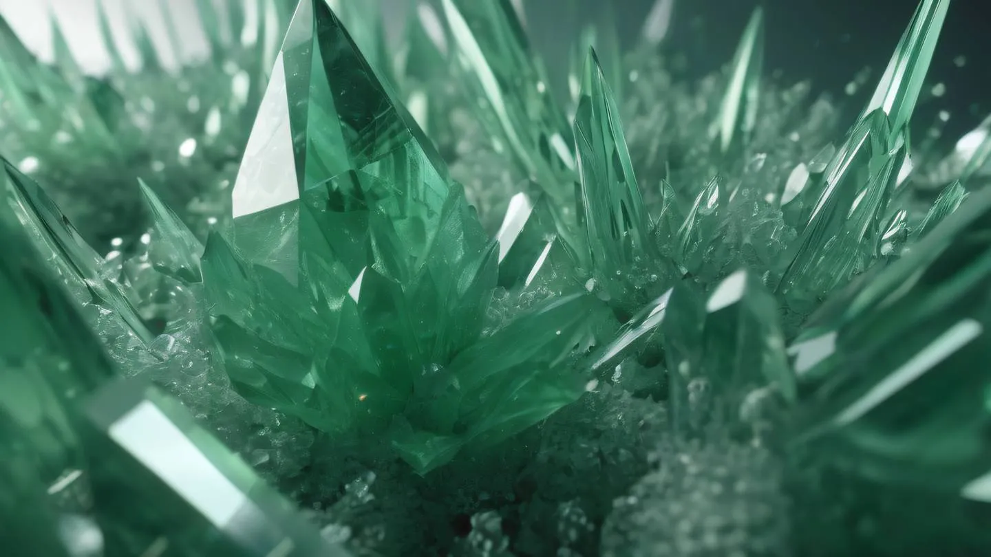 Crystal formations emerging from geometric patterns shot from below color palette: sage and pine green with natural crystalline transparency geometric precision with organic growth patterns high-quality ultra-realistic cinematic 8K UHD high resolution sharp and detail