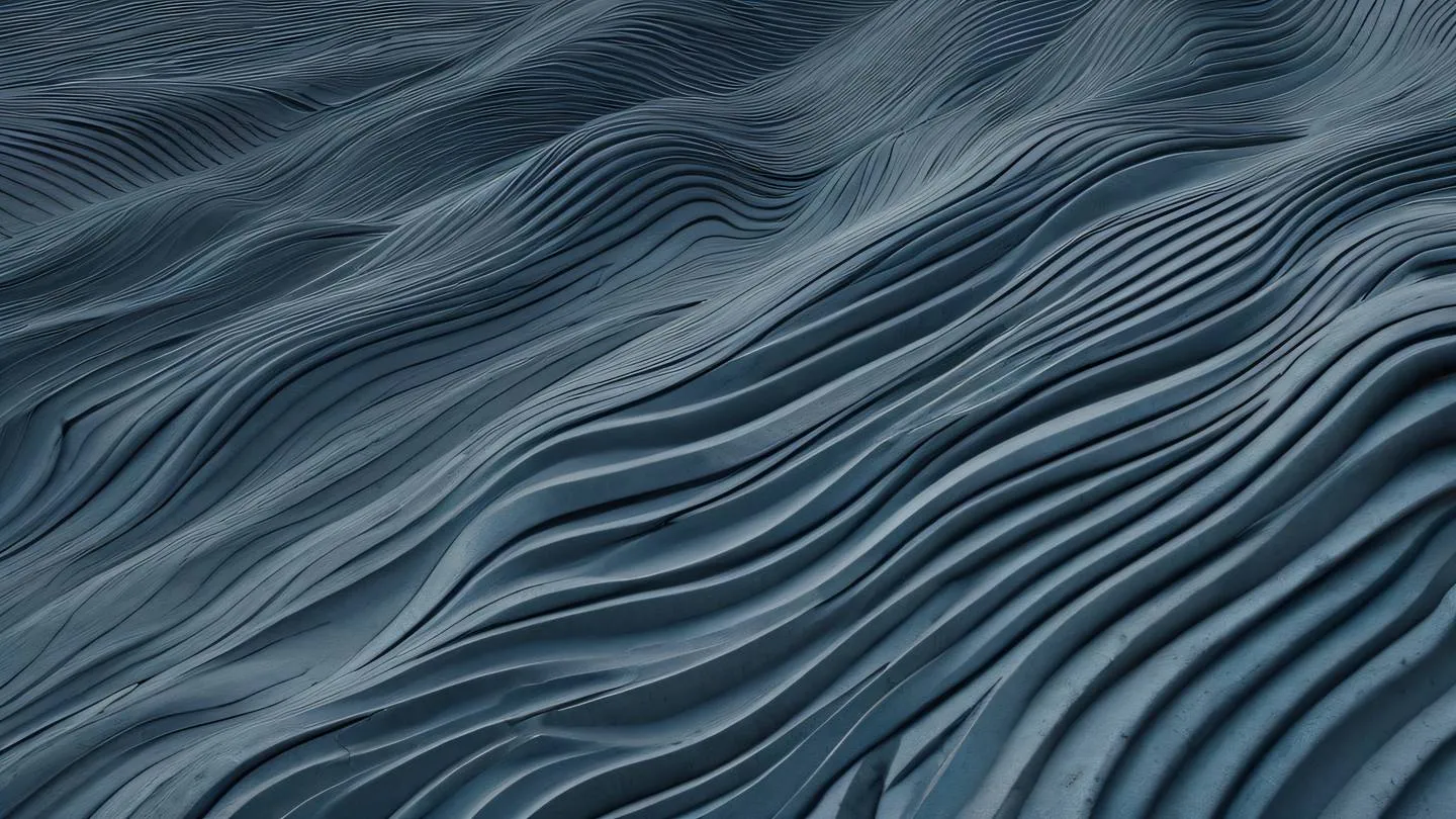 Abstract wave formations with geometric intersections bird's eye view color palette: dusty blue and concrete with crisp black accents flowing patterns with architectural precision high-quality ultra-realistic cinematic 8K UHD high resolution sharp and detail