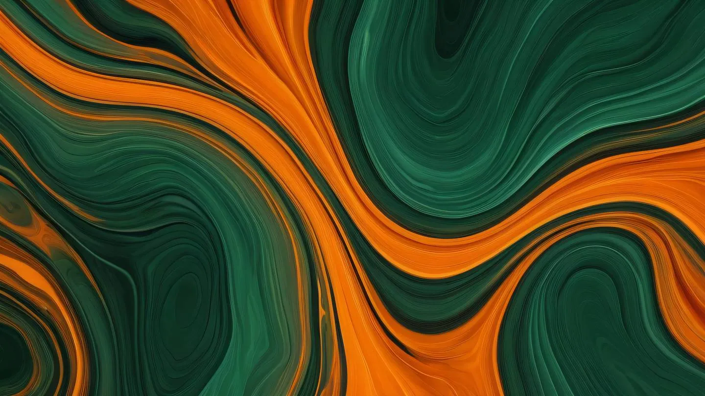 Abstract fluid art texture with smooth flowing lines in bright orange and forest green colors creating an organic pattern of interweaving streams shot from top-down perspective high-quality ultra-realistic cinematic 8K UHD high resolution sharp and detail