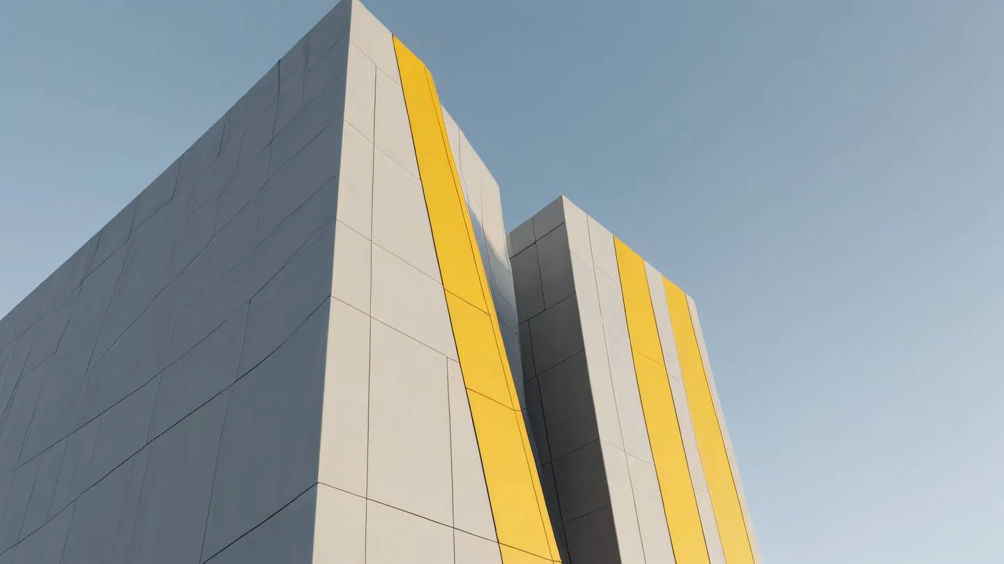 Minimalist architectural structure with clean lines and geometric shapes in light grey and muted yellow colors photographed from a low angle perspective high-quality ultra-realistic cinematic 8K UHD high resolution sharp and detail