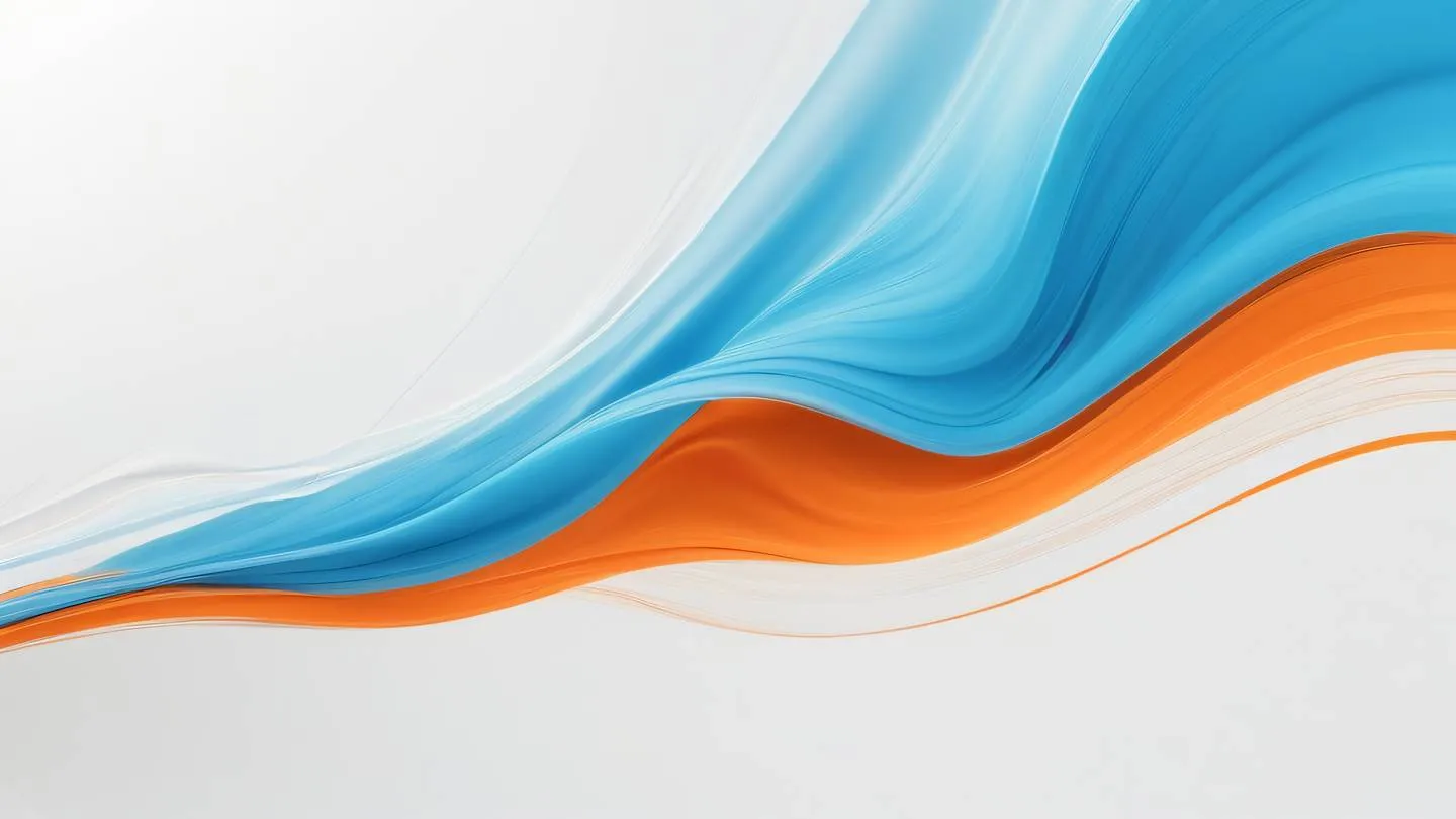 Abstract minimalist composition with flowing brush strokes in bright sky blue and deep orange tones against a clean white background viewed from a diagonal angle high-quality ultra-realistic cinematic 8K UHD high resolution sharp and detail