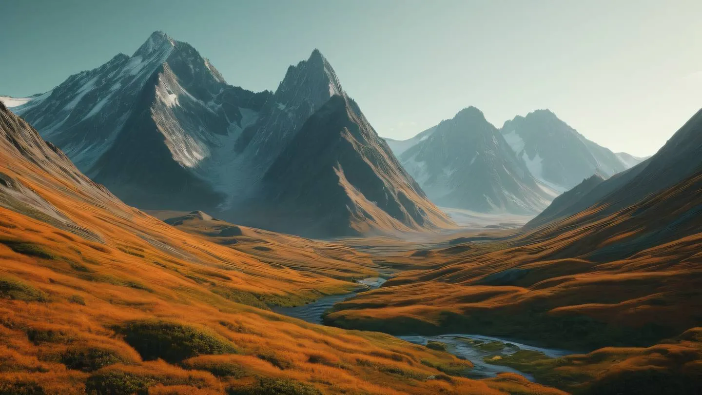 Minimalist landscape with geometric mountains representing structured organization warm orange and seaweed green colors blending naturally captured from dramatic diagonal angle high-quality ultra-realistic cinematic 8K UHD high resolution sharp and detail