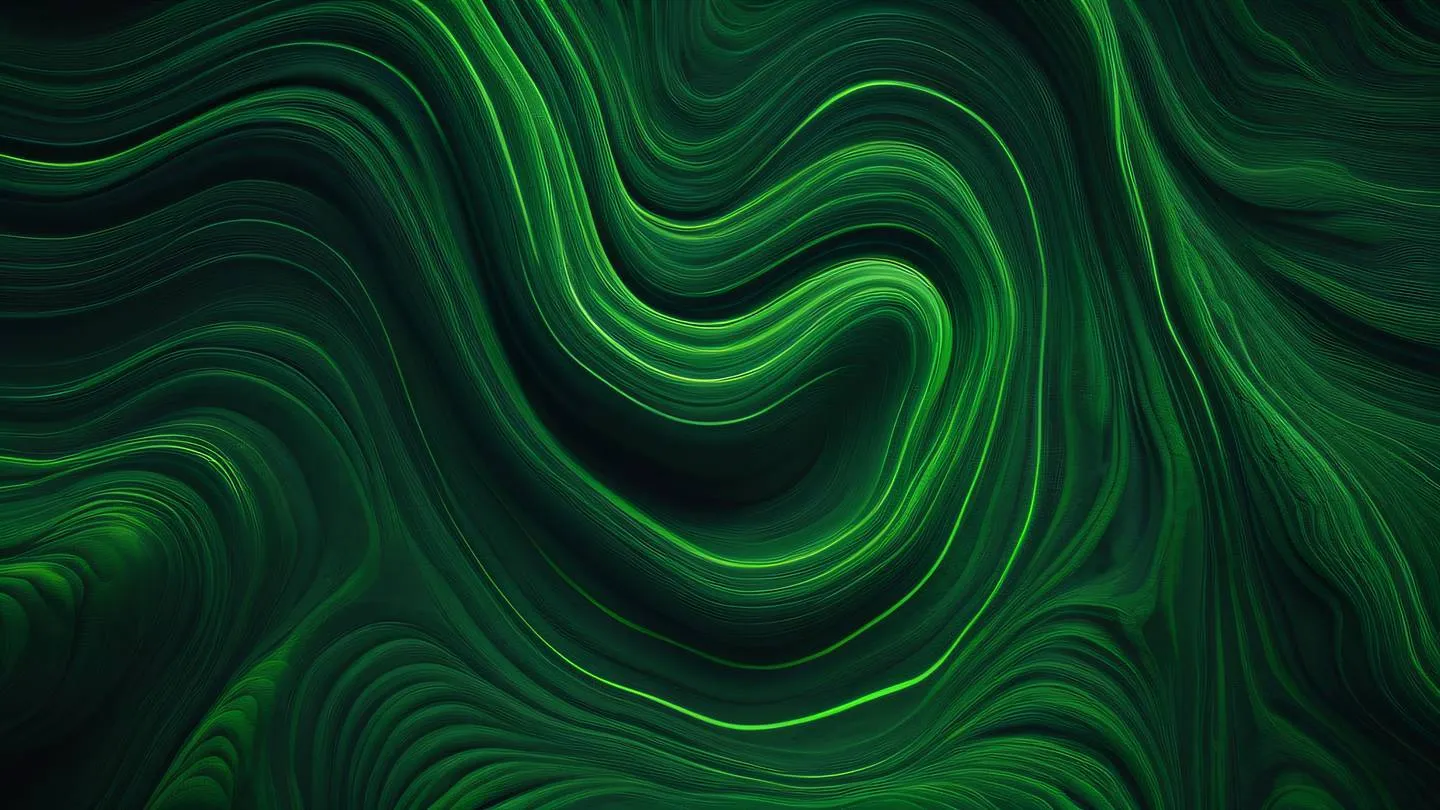 Minimalist landscape with flowing lines representing harmony and balance using dark green and neon green colors with organic shapes shot from bird's eye view high-quality ultra-realistic cinematic 8K UHD high resolution sharp and detail