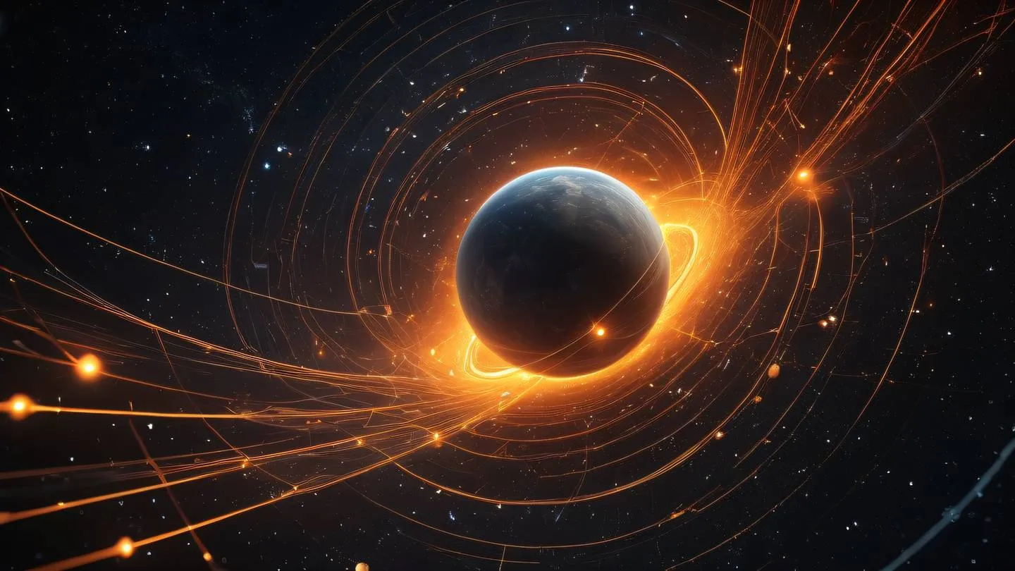 Abstract cosmic scene with interconnected nodes and pathways using orange and black colors with celestial elements shot from straight-on perspective high-quality ultra-realistic cinematic 8K UHD high resolution sharp and detail