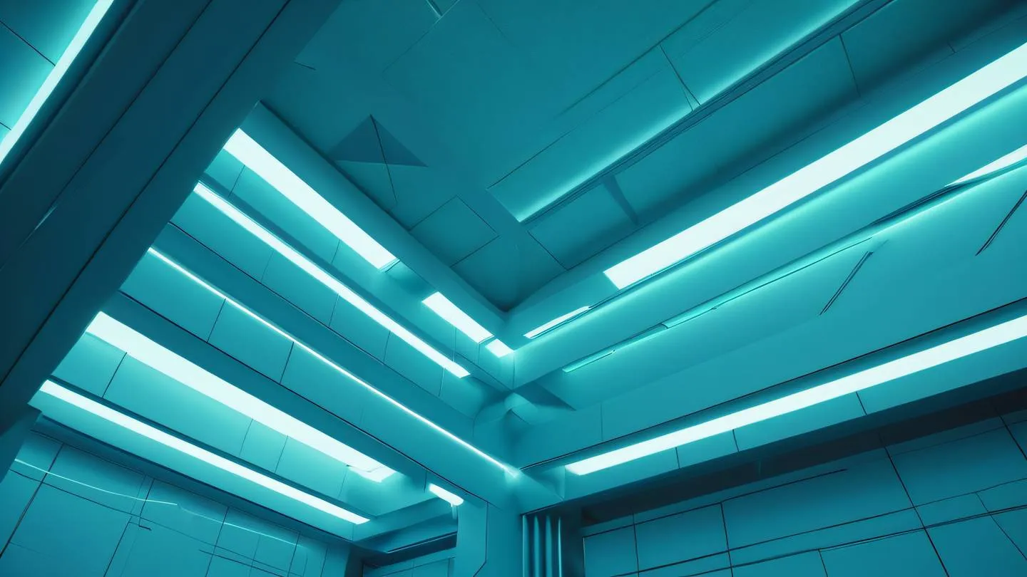 A modern abstract architectural space with geometric patterns and shadows cast by natural light featuring floating geometric shapes in bright neon blue and electric green colors. Shot from a low angle perspective looking up ultra-realistic cinematic 8K UHD high resolution sharp and detailed