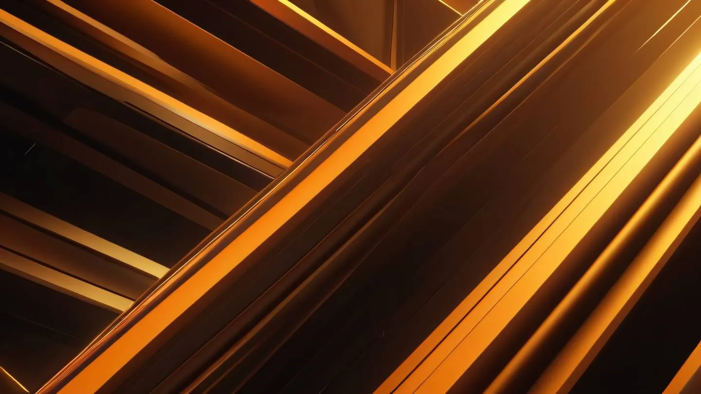 Dynamic abstract composition of intersecting planes and light rays in bold orange and deep gold colors creating a sense of depth and movement. Shot from a dramatic diagonal angle high-quality ultra-realistic cinematic 8K UHD high resolution sharp and detailed