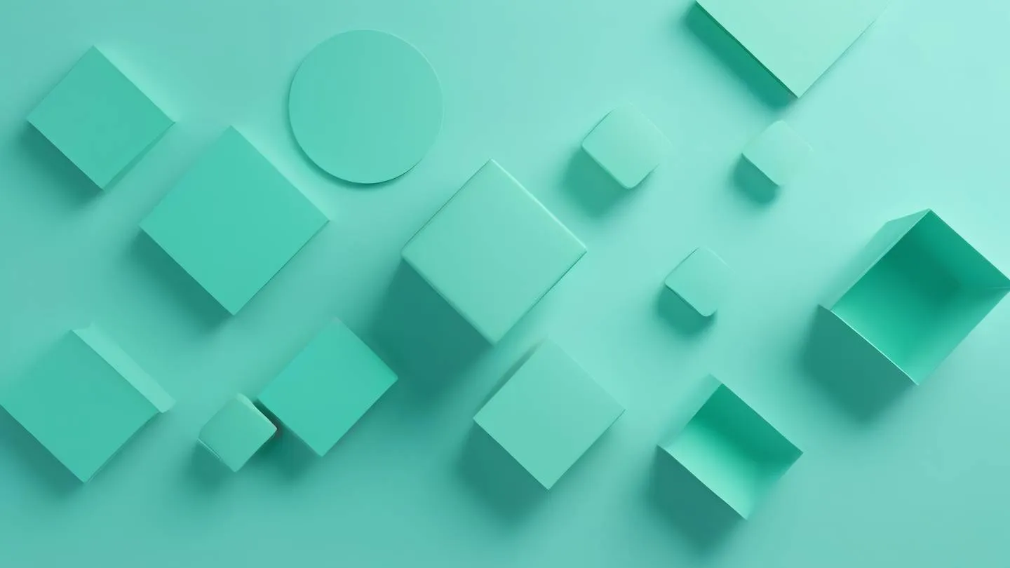 Abstract minimal geometric shapes floating in space with soft gradients of bright cyan and mint green colors camera angle: top-down view with subtle tilt high-quality ultra-realistic cinematic 8K UHD high resolution sharp and detail