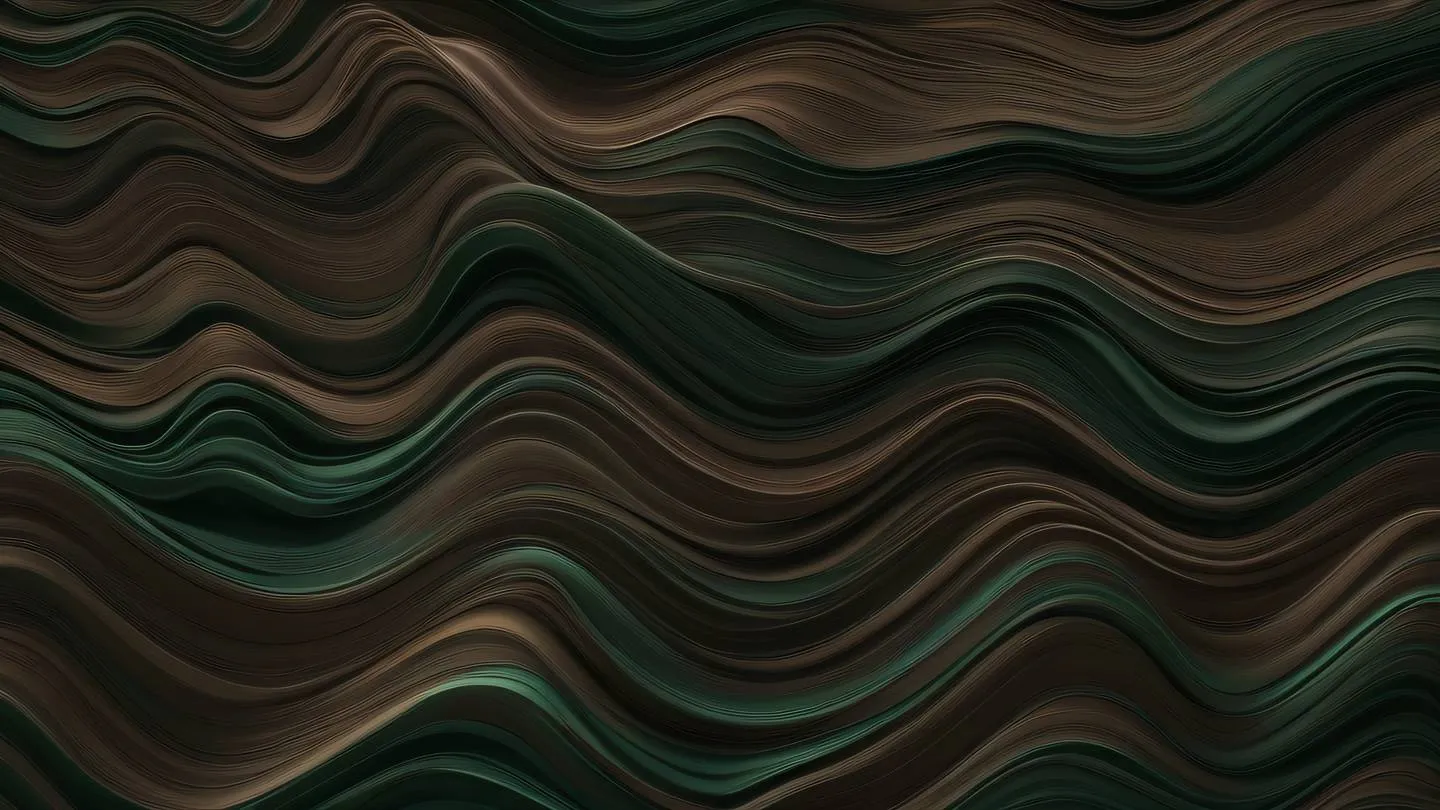 Smooth waves of dark academia browns and rich forest greens intertwining in an abstract pattern captured from a side angle creating depth and movement high-quality ultra-realistic cinematic 8K UHD high resolution sharp and detail