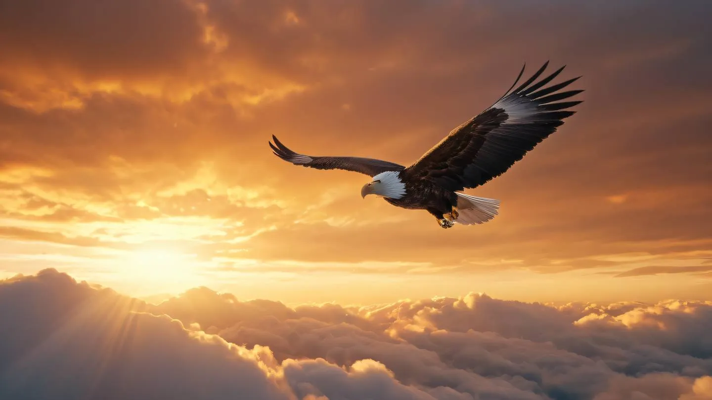 A majestic eagle soaring through clouds during golden hour backlit by sun rays. Dominant colors: bright orange and off-white clouds. Camera angle: low angle shot looking up at the sky ultra-realistic cinematic 8K UHD high resolution sharp and detail