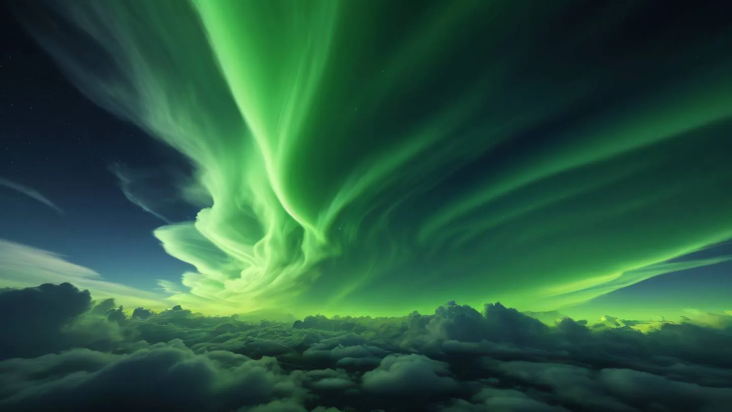 Abstract flowing cloud formations in morning sky. Dominant colors: neon green and sage green swirls against black background. Camera angle: straight up at zenith position ultra-realistic cinematic 8K UHD high resolution sharp and detail