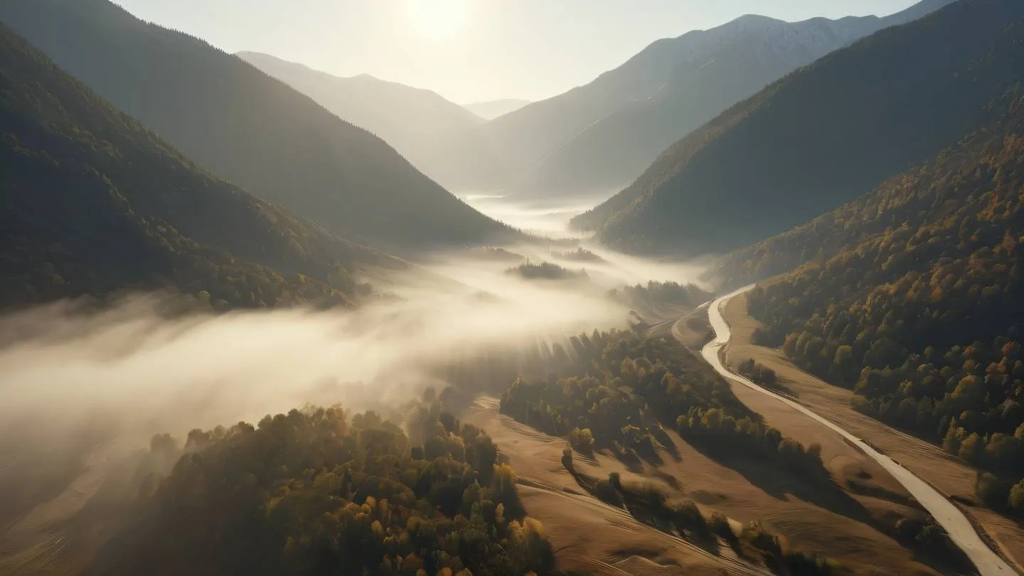 Sunlight streaming through mountain valley with morning mist. Dominant colors: October mist and sand colors. Camera angle: wide landscape shot from elevated position ultra-realistic cinematic 8K UHD high resolution sharp and detail