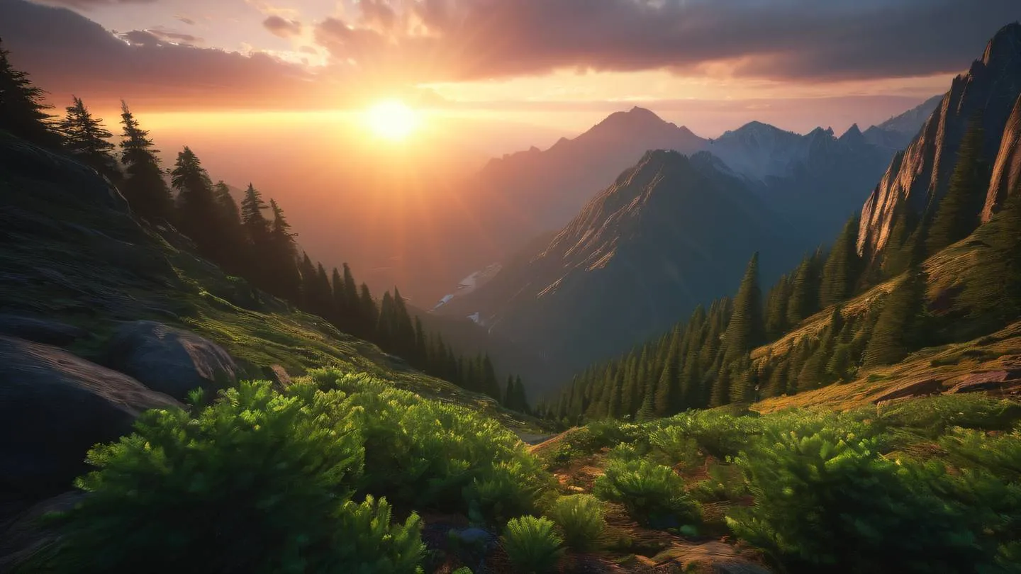 Rays of light piercing through layered mountain peaks at sunset. Dominant colors: holographic reflections with pine green mountain silhouettes. Camera angle: dramatic diagonal perspective from valley floor ultra-realistic cinematic 8K UHD high resolution sharp and detail