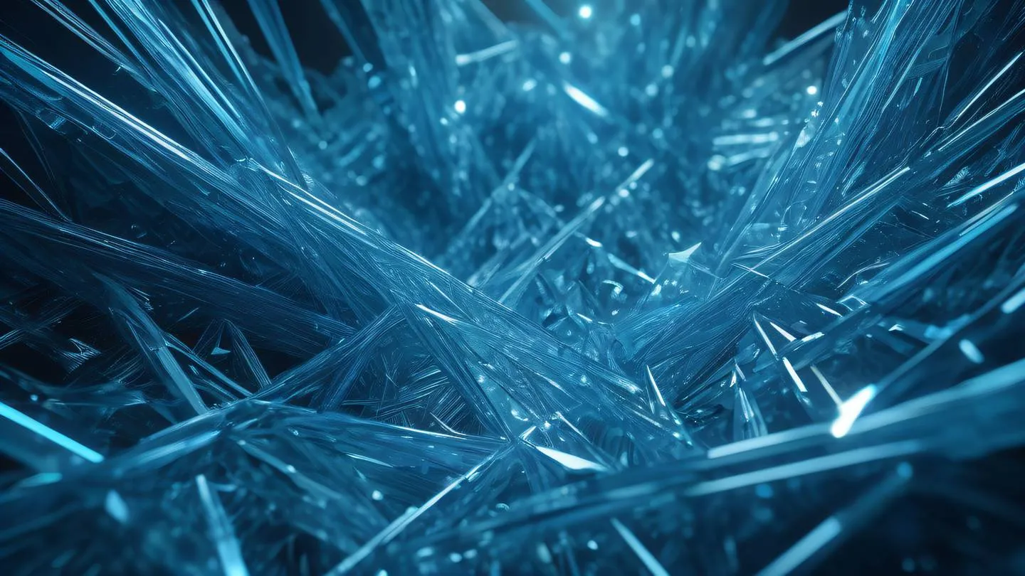 Abstract crystalline structure with light blue and cobalt colors representing interconnected parallel paths photographed from a 45-degree angle with dramatic lighting high-quality ultra-realistic cinematic 8K UHD high resolution sharp and detail