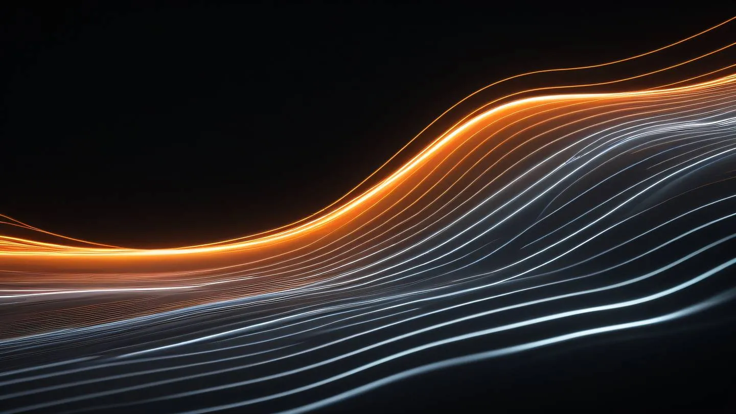 Smooth flowing waves of white and neon orange light streaking through darkness captured from a side angle perspective representing parallel processing streams high-quality ultra-realistic cinematic 8K UHD high resolution sharp and detail