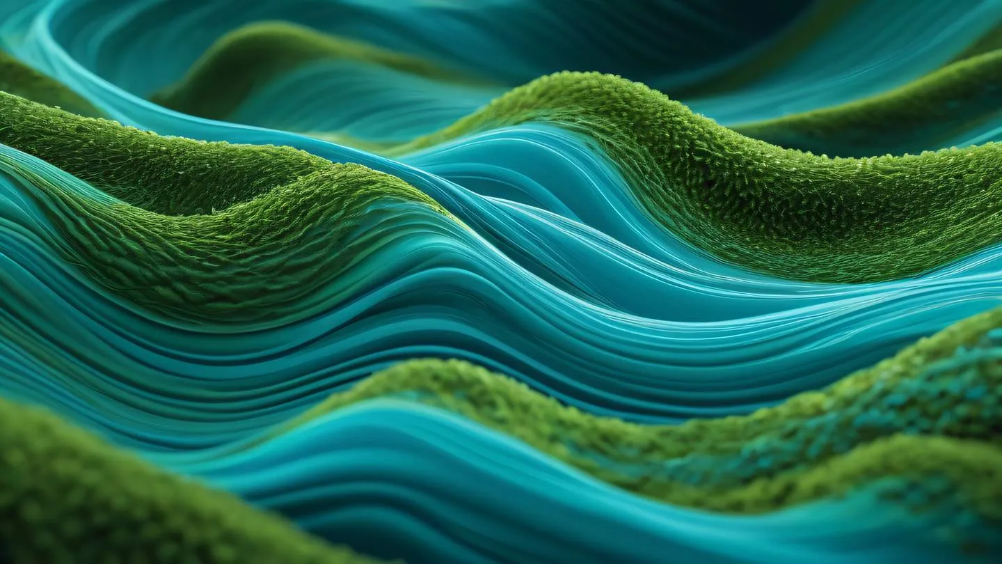 Abstract waves of turquoise blue and fresh moss green intertwining in fluid motion captured from side angle creating dynamic flow patterns high-quality ultra-realistic cinematic 8K UHD high resolution sharp and detail