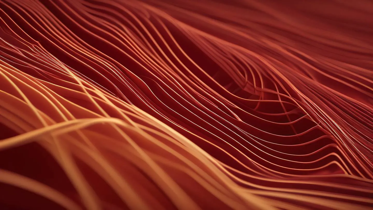 Abstract flowing lines and geometric shapes representing code coverage metrics in perfect red and ochre tones showing organic patterns shot from 45-degree angle high-quality ultra-realistic cinematic 8K UHD high resolution sharp and detail