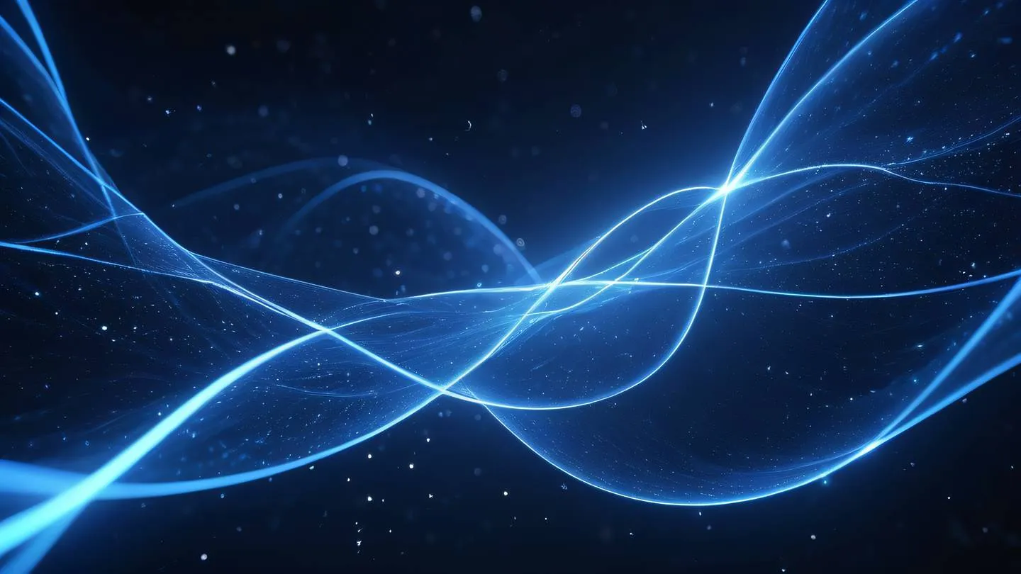 A cosmic abstract visualization of interconnected nodes and flowing energy streams featuring bright indigo and electric blue ribbons of light dancing through a silver ethereal background high-quality ultra-realistic cinematic 8K UHD high resolution sharp and detail