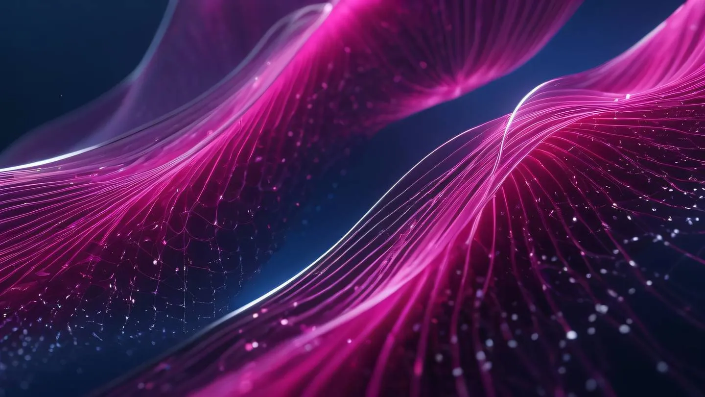 Abstract geometric patterns representing data flow with flowing fuchsia and silver streams interweaving in a crystalline structure against a deep blue backdrop high-quality ultra-realistic cinematic 8K UHD high resolution sharp and detail