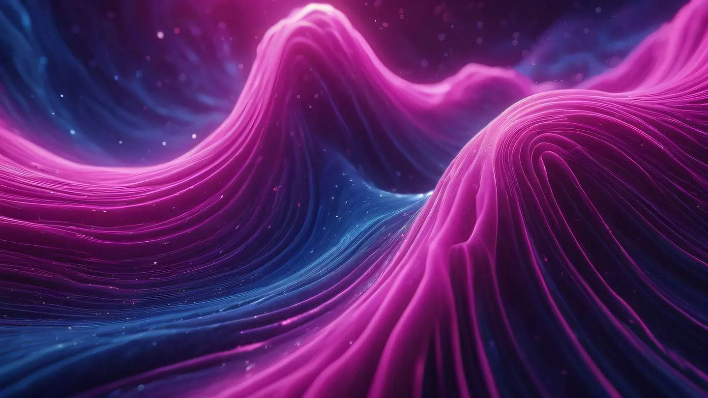 Fluid abstract waves representing data synchronization with bright indigo and silver streams flowing through a fuchsia nebula-like formation high-quality ultra-realistic cinematic 8K UHD high resolution sharp and detail