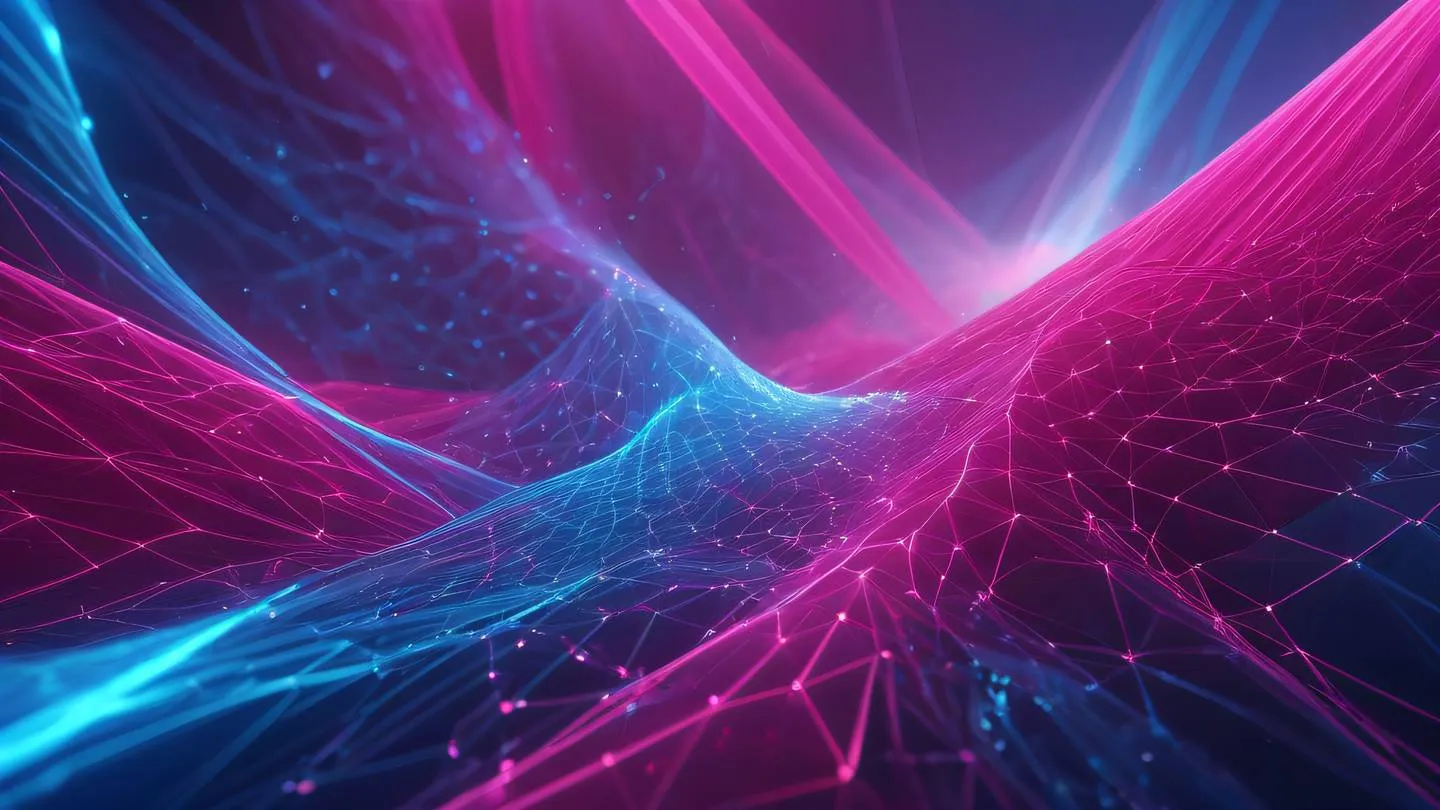 Dynamic abstract composition of interconnected geometric shapes featuring bright electric blue and fuchsia elements flowing through a silver mist representing data flow and state management high-quality ultra-realistic cinematic 8K UHD high resolution sharp and detail