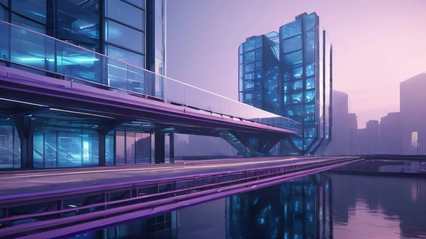 Modern futuristic architecture with multiple geometric glass structures interconnected by bridges featuring iridescent reflective surfaces with purple and blue hues high-quality ultra-realistic cinematic 8K UHD high resolution sharp and detail