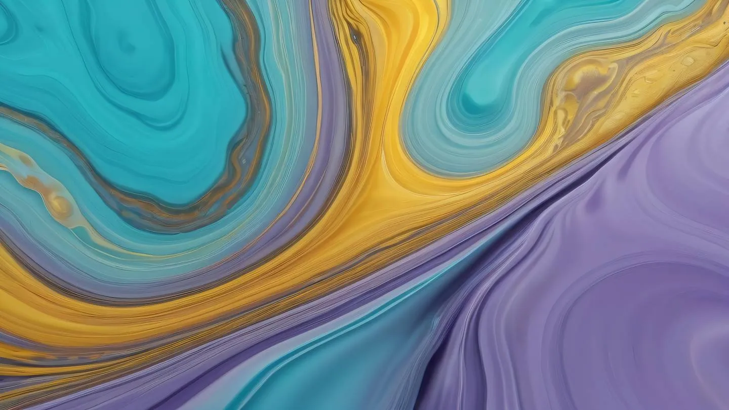 Abstract fluid art composition with bright natural colors flowing like water featuring dusty lavender turquoise and golden yellow swirls organic patterns reminiscent of natural formations high-quality ultra-realistic cinematic 8K UHD high resolution sharp and detail