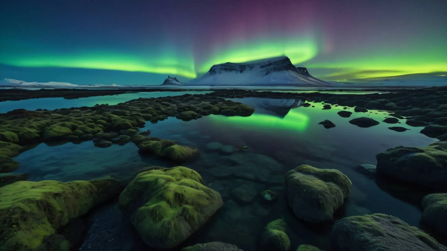 Ethereal Iceland landscape with bright iridescent sky featuring crystal-clear water reflecting colorful aurora borealis moss-covered volcanic rocks in foreground high-quality ultra-realistic cinematic 8K UHD high resolution sharp and detail