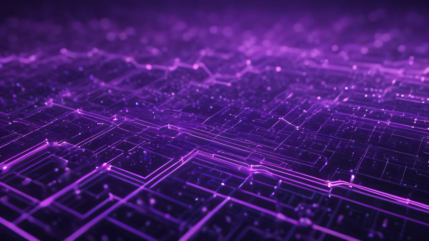 Abstract technological patterns resembling network connections and data flow rendered in vibrant purple and holographic colors with crystalline structures high-quality ultra-realistic cinematic 8K UHD high resolution sharp and detailed