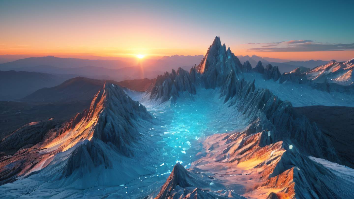 A majestic mountain landscape at sunset with geometric crystalline formations in the foreground rendered in bright cyan and orange colors reminiscent of data visualization high-quality ultra-realistic cinematic 8K UHD high resolution sharp and detailed