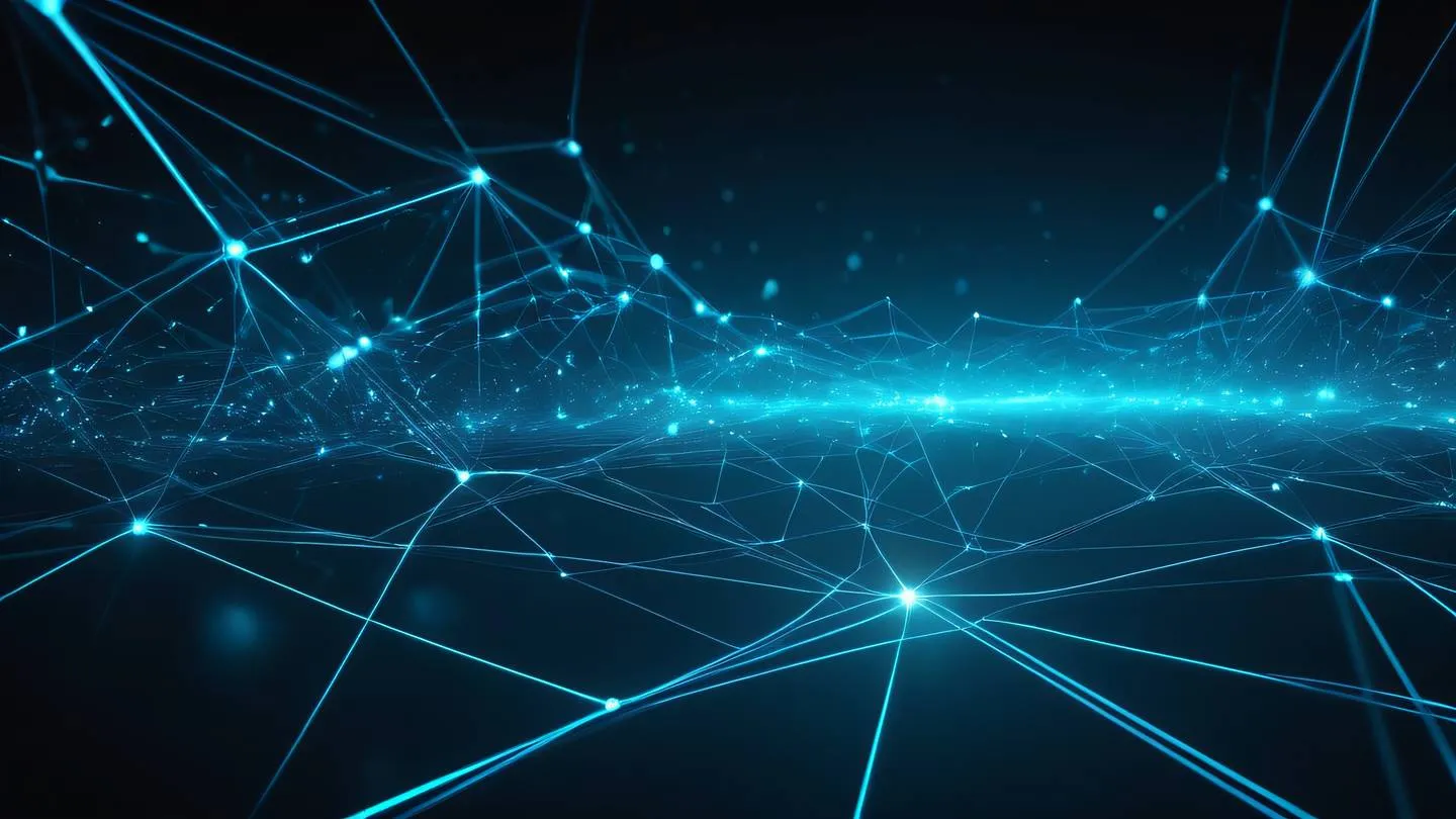 Abstract technology network connections concept with flowing light trails and geometric nodes dominant cyan and electric blue colors radiating energy across a dark background high-quality ultra-realistic cinematic 8K UHD high resolution sharp and detail