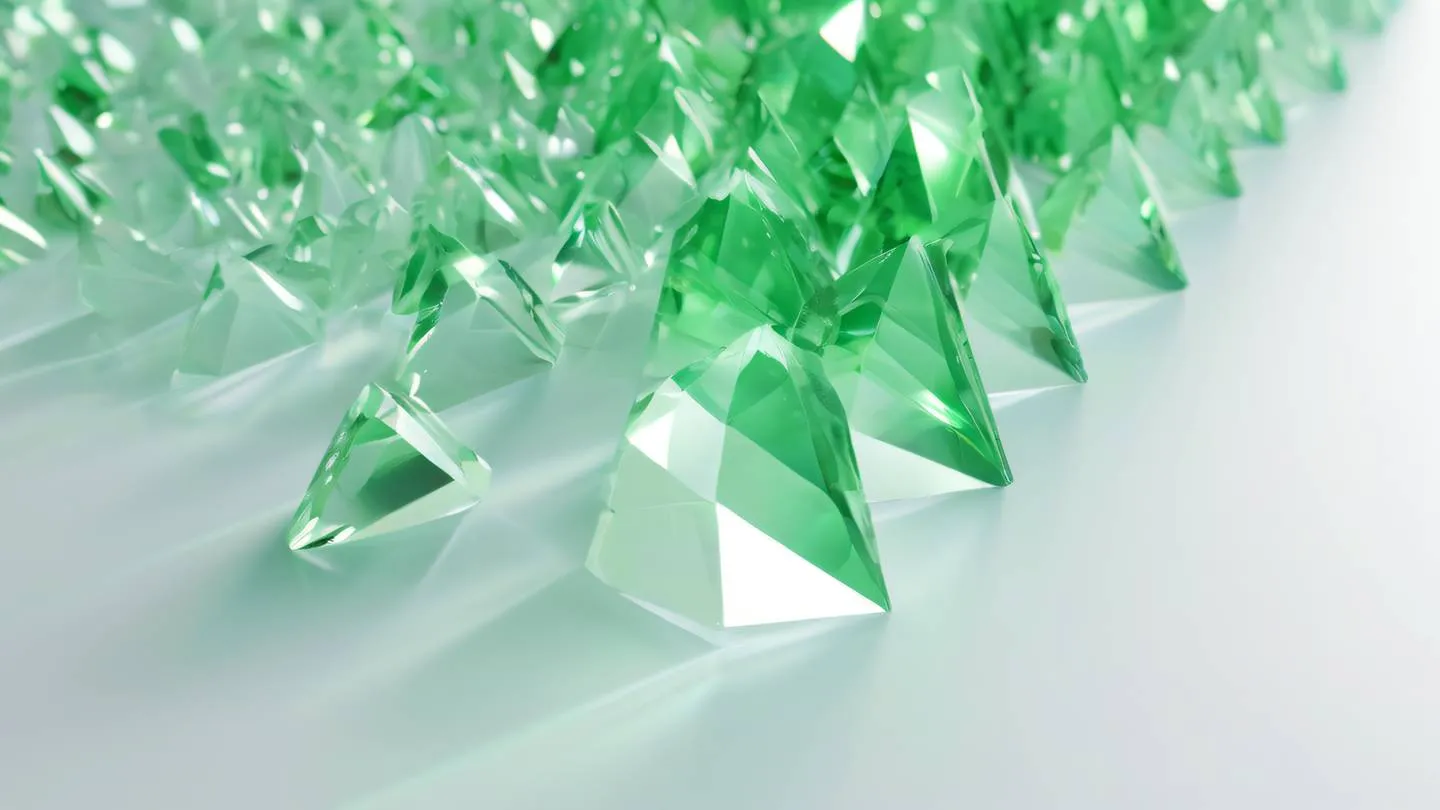 Crystal prism refracting light creating a spectrum of bright green and emerald patterns against a pure white background with geometric crystalline structures catching and splitting beams of sunlight high-quality ultra-realistic cinematic 8K UHD high resolution sharp and detail