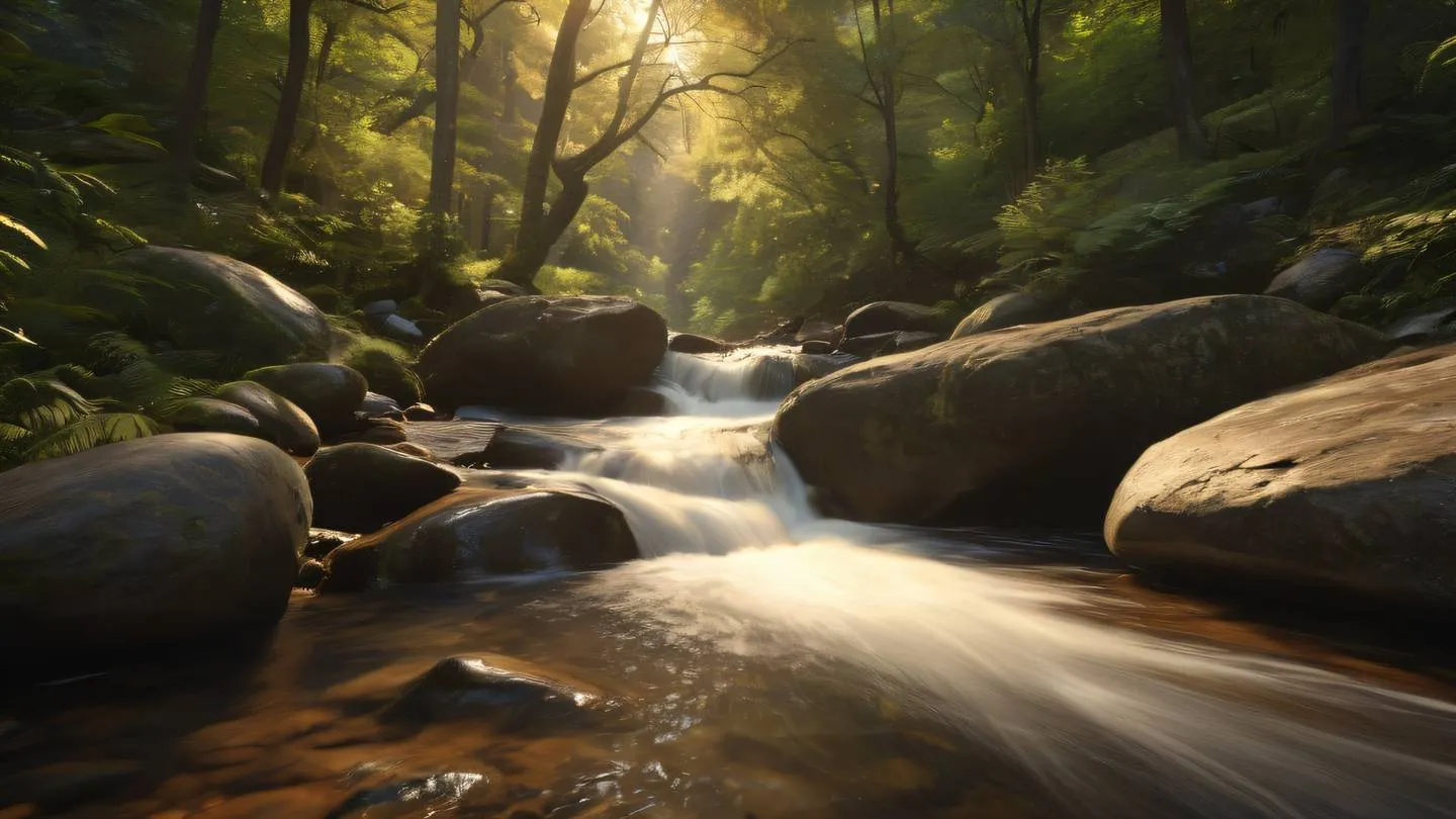 Flowing water cascade over smooth rocks in a pristine stream with warm golden sunlight filtering through forest canopy creating a natural gradient of warm amber and honey tones high-quality ultra-realistic cinematic 8K UHD high resolution sharp and detail